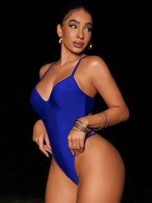 Swim SXY 1 件装女士纯色露背性感细肩带连体泳衣夏季 - 寶藍色 - 查看 2