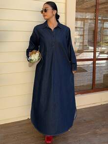 Dazy Plus Fashionable Casual Loose Retro Denim Dress, Turndown Collar Half-Open Front A-Line Slimming Long Denim Dress, Spring/Autumn - Dark Wash - View 4