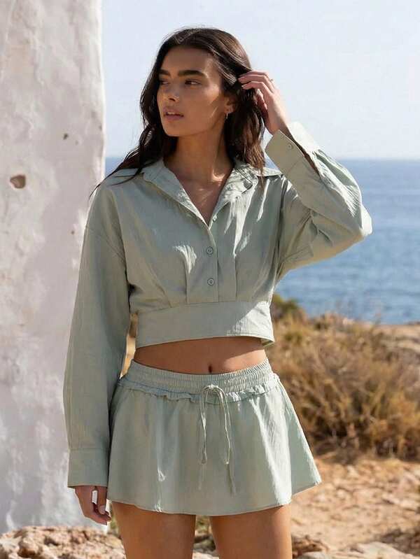 Fluxe Women's Sage Green Summer Casual Outfits,Waist Cinching Collared Long Sleeve Shirt With Short Skirt,Gym Sportswear,Beach Party Holiday Clothes,Spring