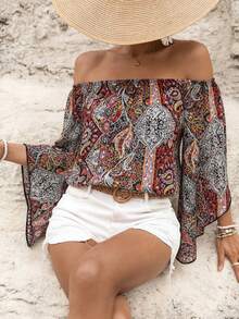 Breezaya Camisa informal para mujer con mangas acampanadas, escote bardot y estampado de flores de paisley - Rojo - Ver 5