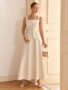 CLARA VERO Women's Square Neck Front Button Waist Sleeveless Blazer - White - View 6