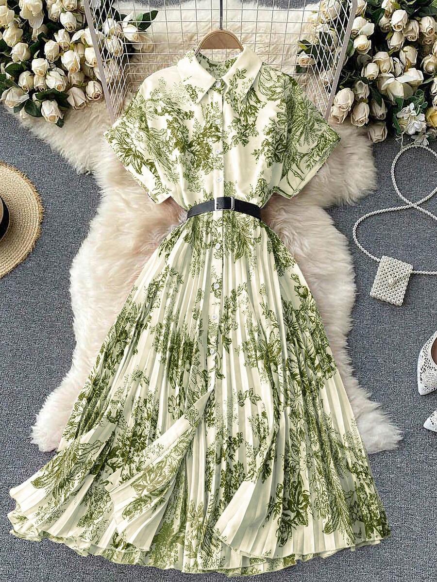 SHEIN Unity Plus Size Blue & White Printed Batwing Sleeve Pleated Hem Dress - Green - View 1