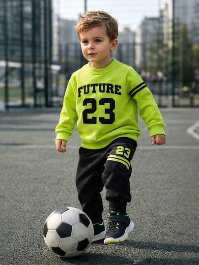 Conjunto deportivo para bebé y niño primavera y otoño con estampado de letras, sudadera verde neón combinada + pantalón largo, conjunto casual y moderno de 2 piezas
