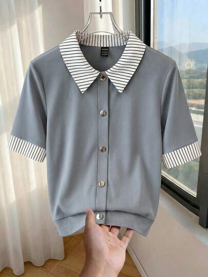 Franclia 女士复古条纹灰蓝撞色纽扣领上衣。适合冬季、夏季、春季、情人节、浪漫约会、海滩、婚礼、生日、郊游、优雅休闲穿着。