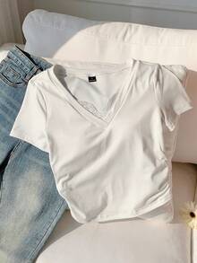 SHEIN EZwear 女士纯色V领褶皱休闲百搭日常短袖T恤 - 白色 - 查看 6