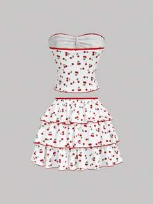 SHEIN MOD White And Red Cherry Print Two-Piece Set,Summer Cottage Core Picnic Holiday,Strapless Ruched Bustier Top & High-Waisted Tiered Ruffle Mini Skirt - Red and White - View 9