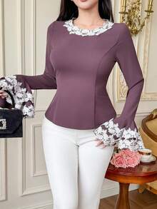 DAZY Women's Elegant Contrast Color Lace Patchwork Round Neck Flare Sleeve Blouse, Spring/Summer - Purple - View 3