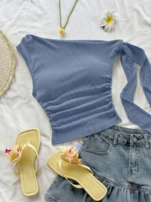 Soleia 度假风性感不对称系带吊带飘逸修身浅黄色上衣，适合派对、度假、音乐节、波西米亚风、假日约会、下午茶等场合。 - 霧霾藍 - 查看 5