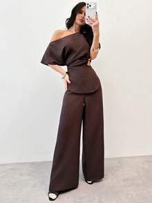 Firerie 两件套优雅杏色休闲/办公通勤套装，春夏款 - 咖啡棕 - 查看 3