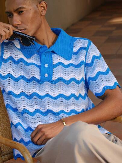 AKNOTIC Business Casual Men's Party Knitted Crochet Collar Short Sleeve Casual Cardigan, Suitable For Daily Matching, Spring/Summer, Vacation, Party, Couple Outfit