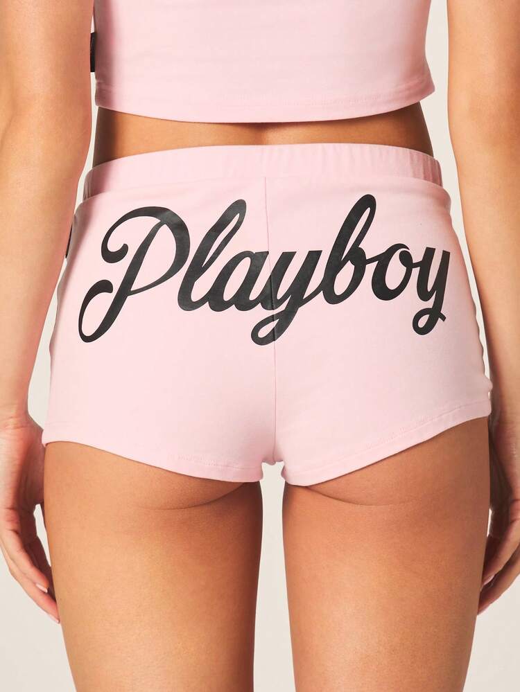 Missguided x Playboy Women's Bunny Logo Pink High Rise Booty Shorts With Soccer Ball Print Casual Summer Beach Loungewear