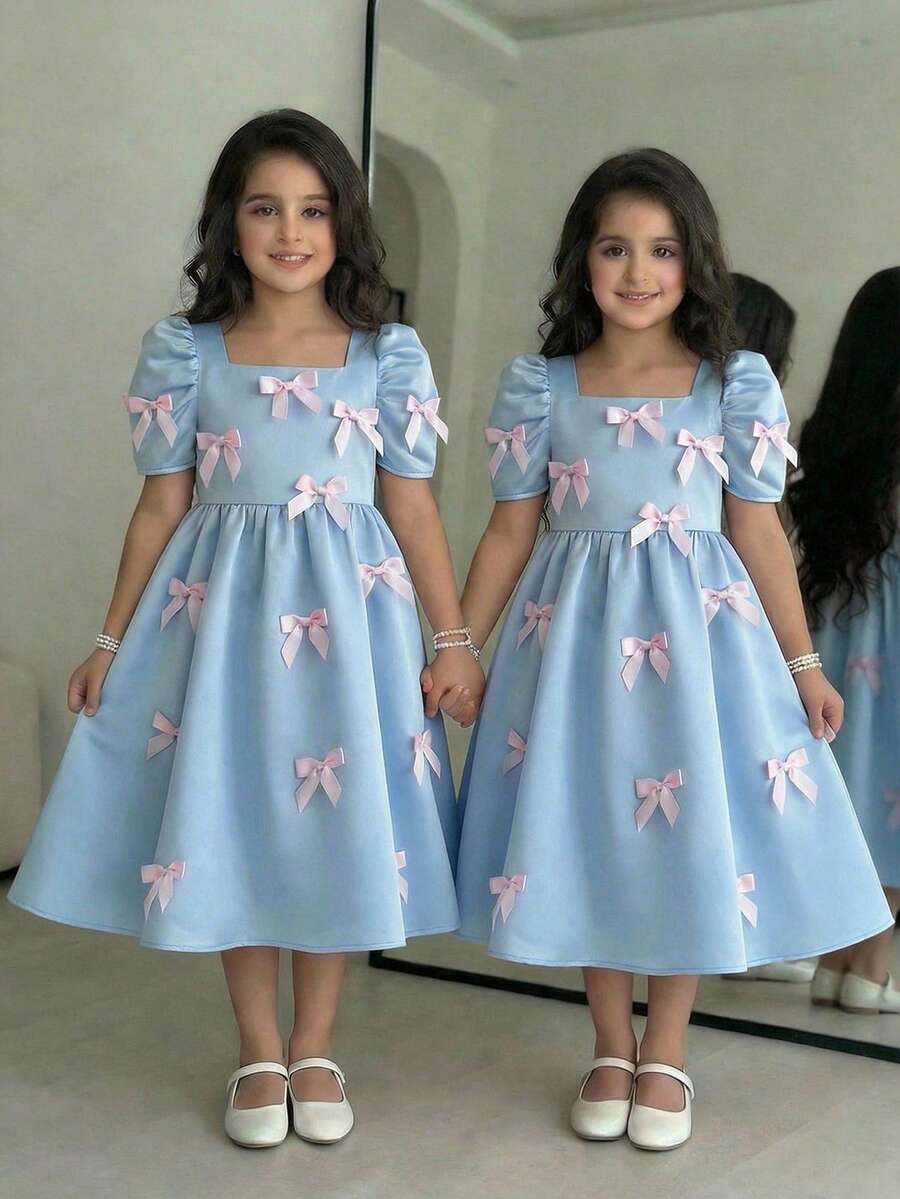 SHEIN Vestido casual para niña preadolescente con cuello cuadrado, manga gigot y lazo de tejido liso - Azul - Ver 1