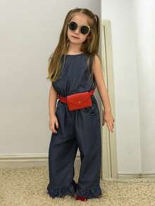 DAZY Young Girl Round Neck Sleeveless Top And Ruffle Hem Wide Leg Jeans Set - Blue - View 4