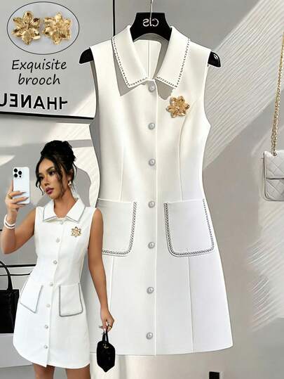 GlowEve 女士可拆卸花朵胸针仿珍珠纽扣白色无袖单排扣连衣裙