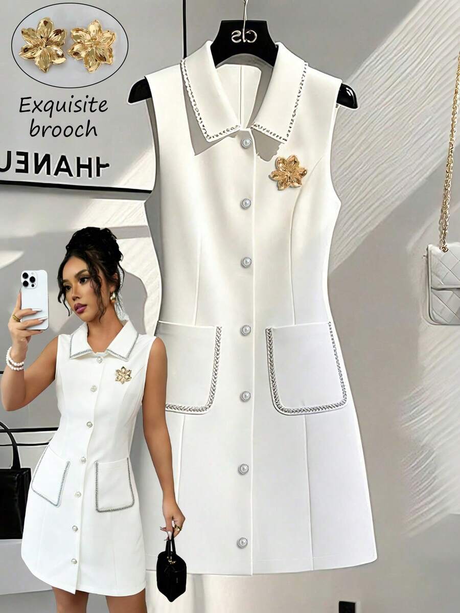 GlowEve 女士可拆卸花朵胸针仿珍珠纽扣白色无袖单排扣连衣裙 - 白色 - 查看 1