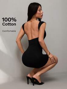 SHEIN PETITE 女士露背迷你连衣裙，100%纯棉针织面料，舒适休闲百搭，适合度假、约会和日常穿着。 - 黑色 - 查看 1