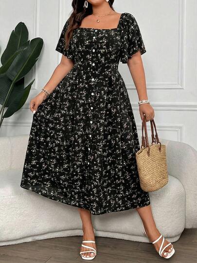 Vionelle Plus Size Square Neck Ruffle Sleeve Button Ditsy Floral Elegant Vintage Casual Cute Party Holiday Midi Dress