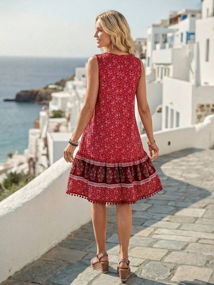 Holiday Printed Splice Sleeveless Dress With Tassel Hem