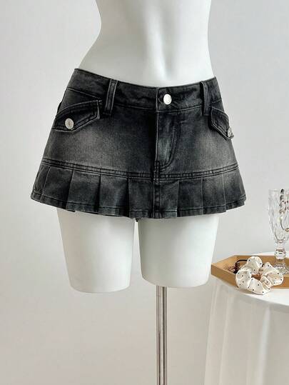 Elamini Women's Casual Washed Pleated Hem Denim Shorts, Summer