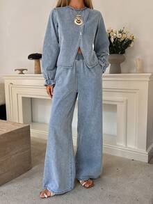 DAZY Conjunto informal de mujer con camisa de cuello redondo con cinturón y pantalón vaquero de pierna ancha, apto para boda o invitada, primavera/otoño - Azul lavado medio - Ver 8