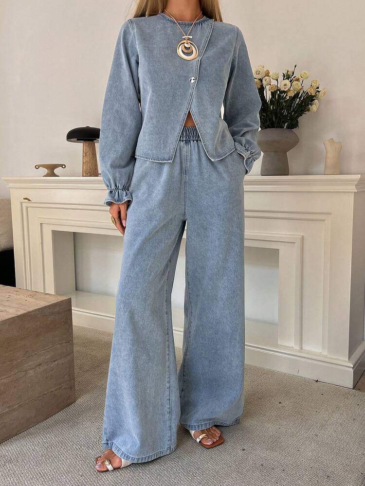 Women's Casual Washed Oblique Collar Round Neck Belt Shirt And Wide Leg Jeans Suit, Spring/Autumn,Wedding Guest Dress Women