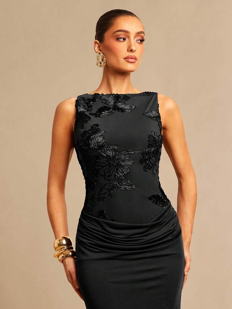 Silquee Vestido elegante de cuello redondo sin mangas con cintura fruncida y bordado 3D, adecuado para citas, salidas, discotecas, fiestas, cócteles y ocasiones elegantes diarias - Negro - Ver 3