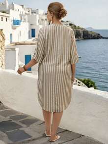 EMERY ROSE 大码休闲束腰连衣裙，优雅宽松版型，修身百搭圆领 - 軍綠色 - 查看 2