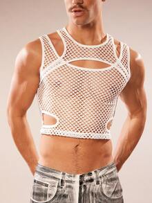 FeverCity Men's Fashionable Sexy Hollow Out Sheer Cropped Tank Top - White - View 5