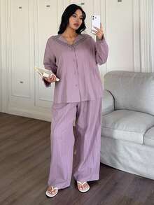 Dazy Plus Casual Textured Fabric Contrast Lace Elegant Long Sleeve Top And Loose Straight Leg Pajama Pants Set, Spring/Autumn - Purple - View 7