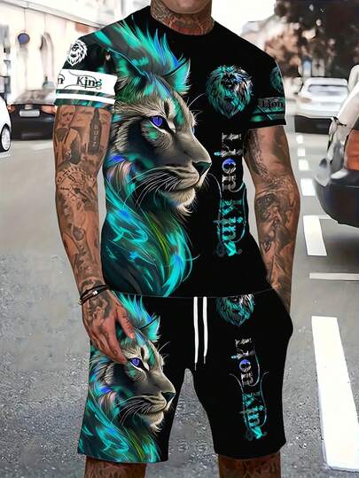 Manfinity LEGND Conjunto casual de camiseta con estampado de león vintage gótico y pantalones cortos con cordón en la cintura para hombre