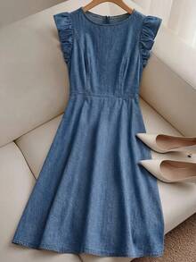 GlowEve Women's Casual Washed Denim Mini Dress With Flared Sleeves, Summer - Blue - View 3