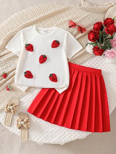2pcs/Set Girls' Outfit: Sweet Strawberry Embroidered Knit Short Sleeve Top + Red Pleated Mini Skirt, Suitable For Daily Wear, Cute Photo Shoots, Parent-Child Outings, Casual Matching