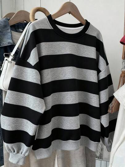 Resyla 女士经典条纹印花圆领卫衣，设计优雅，适合日常穿着、休闲户外旅行和购物。