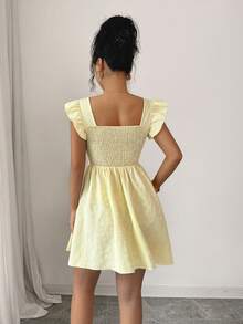 Elenzga Đầm công sở mini thanh lịch, ngọt ngào, màu kem vàng, mùa hè, cổ vuông, tay ngắn, dáng chữ A, chất liệu cao cấp, họa tiết hoa, chất liệu dệt hoa, thích hợp cho ngày Quốc khánh Mỹ Y2K. - Vàng nhạt - Xem 5