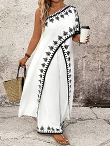 Breezaya Plus Size Women's Elegant Black And White Graphic Print Asymmetric Collar Split Top And Long Pants 2 Pieces Set,Summer Boho Holiday Tea Party Outfits - Black and White - View 1