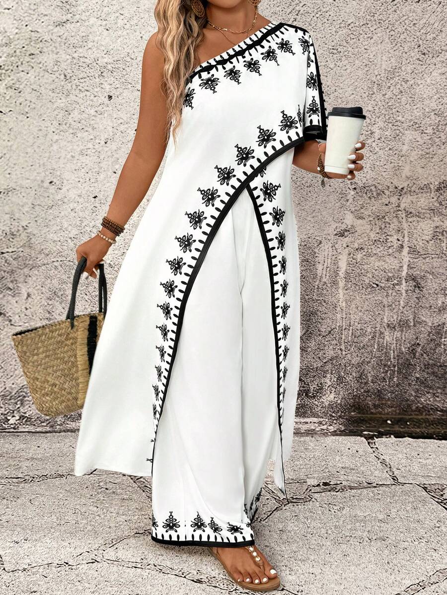 Breezaya Plus Size Women's Elegant Black And White Graphic Print Asymmetric Collar Split Top And Long Pants 2 Pieces Set,Summer Boho Holiday Tea Party Outfits - Black and White - View 1