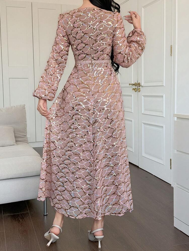 Sequin Floral Print Waist-Cinching Long Sleeve Elegant Dress For Women, Summer Sun Dresses For Women
