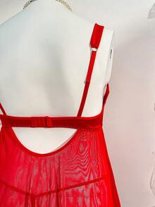 2pcs Set: Cute Bow-Tie Bust Strap & Sexy Mesh Slip Dress For Women - Red - View 4