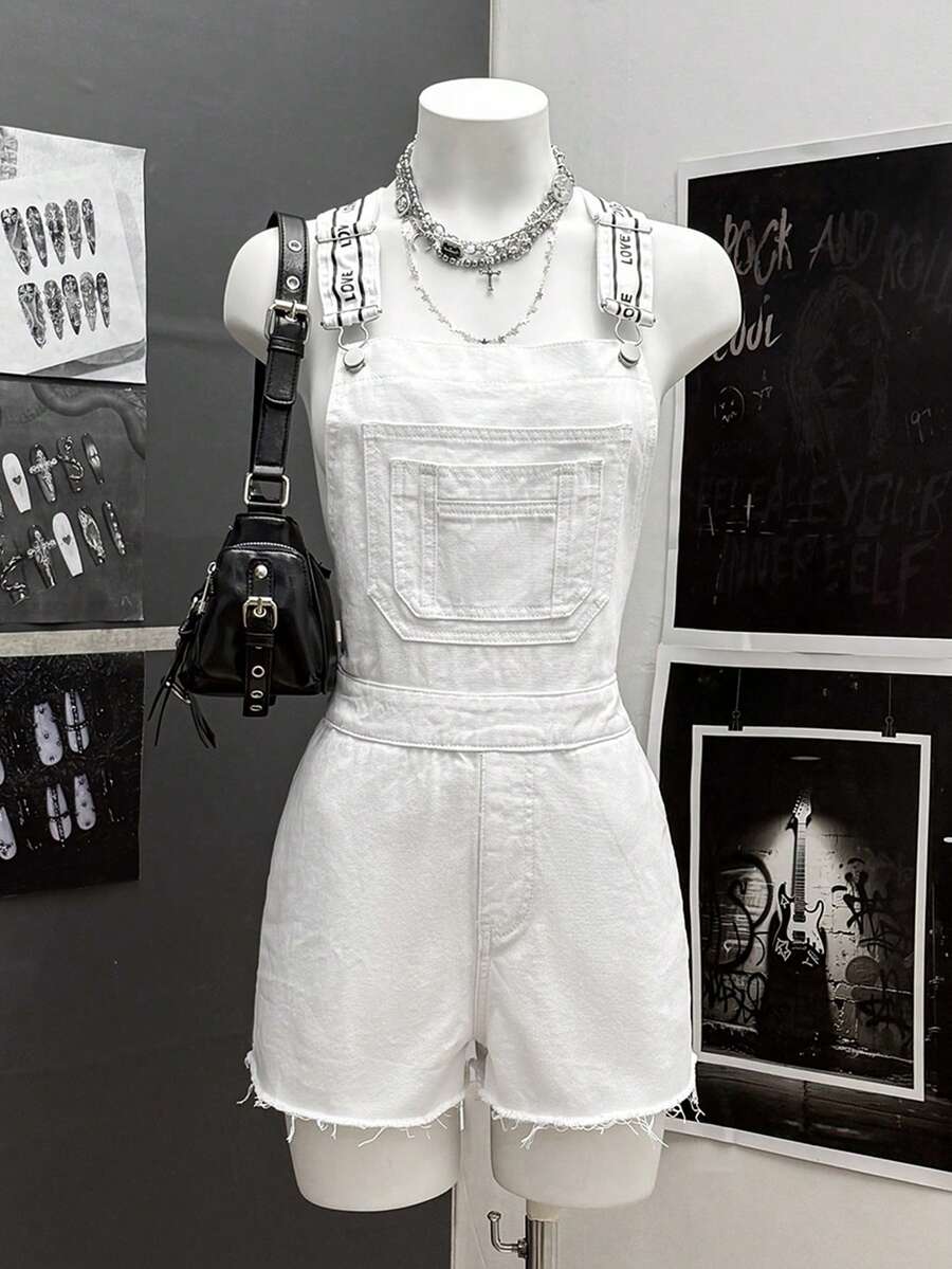 SHEIN HypeZone Y2K Fashion Casual Woven Strap White Denim Bib Shorts - White - View 1