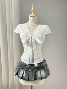 Elamini 白色镂空刺绣面料V领蕾丝边纽扣前襟系带短袖衬衫，女士春夏度假波西米亚甜美可爱通勤上学日常约会百搭款 - 白色 - 查看 3