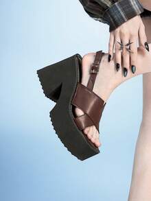 Sugerpunk Women's Casual And Stylish Wedge Platform Sandals, Perfect For Spring And Summer, Featuring A Punk-Inspired Design, A Simple Square Toe, Soft Leather, Crisscross Pattern, Open Toe, Comfortable For Holidays, Nightclubs, Parties, And Everyday Wear. Summer Shoes - Coffee Brown - View 6