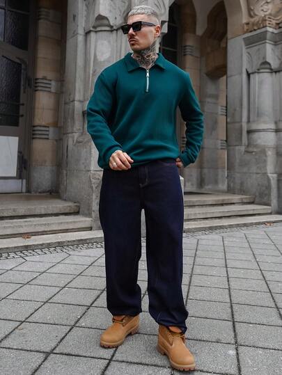 Artur Kramer Men's Retro Vintage Coin Style Collar Zipper Solid Color Fleece Quarter Zip Sweatshirt, Casual Versatile, Long Sleeve Top For Autumn/Winter