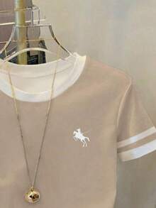 Tween Girl Casual, Retro American Campus Classic Logo Graphic Short Sleeve Crew Neck T-Shirt, Suitable For Summer, American Chic Vacation, Coffee Color Fitted Daily Casual Wear, White Printed Striped Fashion Comfortable Versatile All Season, Equestrian White Fitted Cropped Suitable For Spring, Summer, Autumn, Winter, Light Brown - Multicolor - View 5