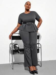 SHEIN Clasi Plus Size Minimalist Black & Grey,Summer,Elegant,Semi Formal Shirt And Flare Pants 2 Pieces Set,Women Business Professional Office Wear Work Outfits - Grey - View 8
