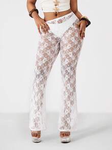 Vadaroq Women's Spring/Summer Streetwear Going Out Vacation Vintage Chic Lace Western Wear Mid Rise White Flare Pants - White - View 3