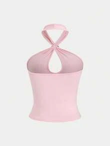 Sweetra Sexy Halter Neck Solid Color Metal Decor Fitted Crop Top, Chic And Stylish For Women - Pink - View 2