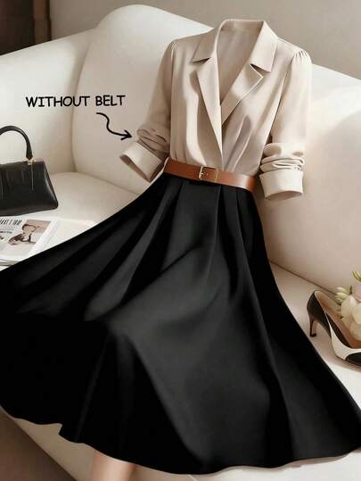 GlowEve 女士撞色拼接设计A字腰身优雅日常通勤时尚法式街头复古百搭假日商务长袖衬衫裙，秋冬款