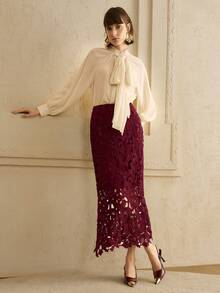 Arave Chân váy ren dáng suông thoải mái dành cho nữ, thích hợp cho mùa xuân, hè và thu. - Màu Đỏ Sâu - Xem 2