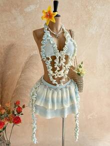 Soleia Women's Frill Trim Knit Halter Top And Double Frill Trim Knit Midi Skirt Set - Multicolor - View 1