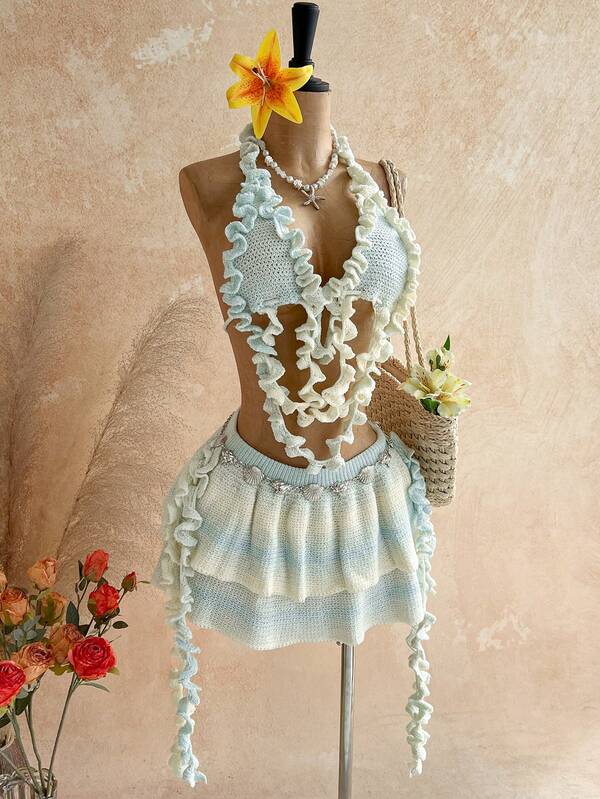 Soleia Women's Frill Trim Knit Halter Top And Double Frill Trim Knit Midi Skirt Set